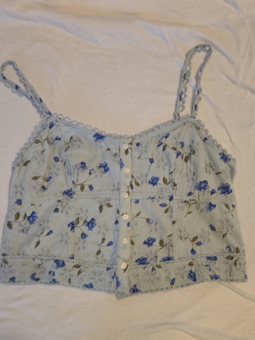 American Eagle Blue Floral Eyelet Button-Front Cami Top